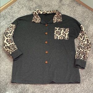 Charcoal Womens Shirt with Leopard Print Accents